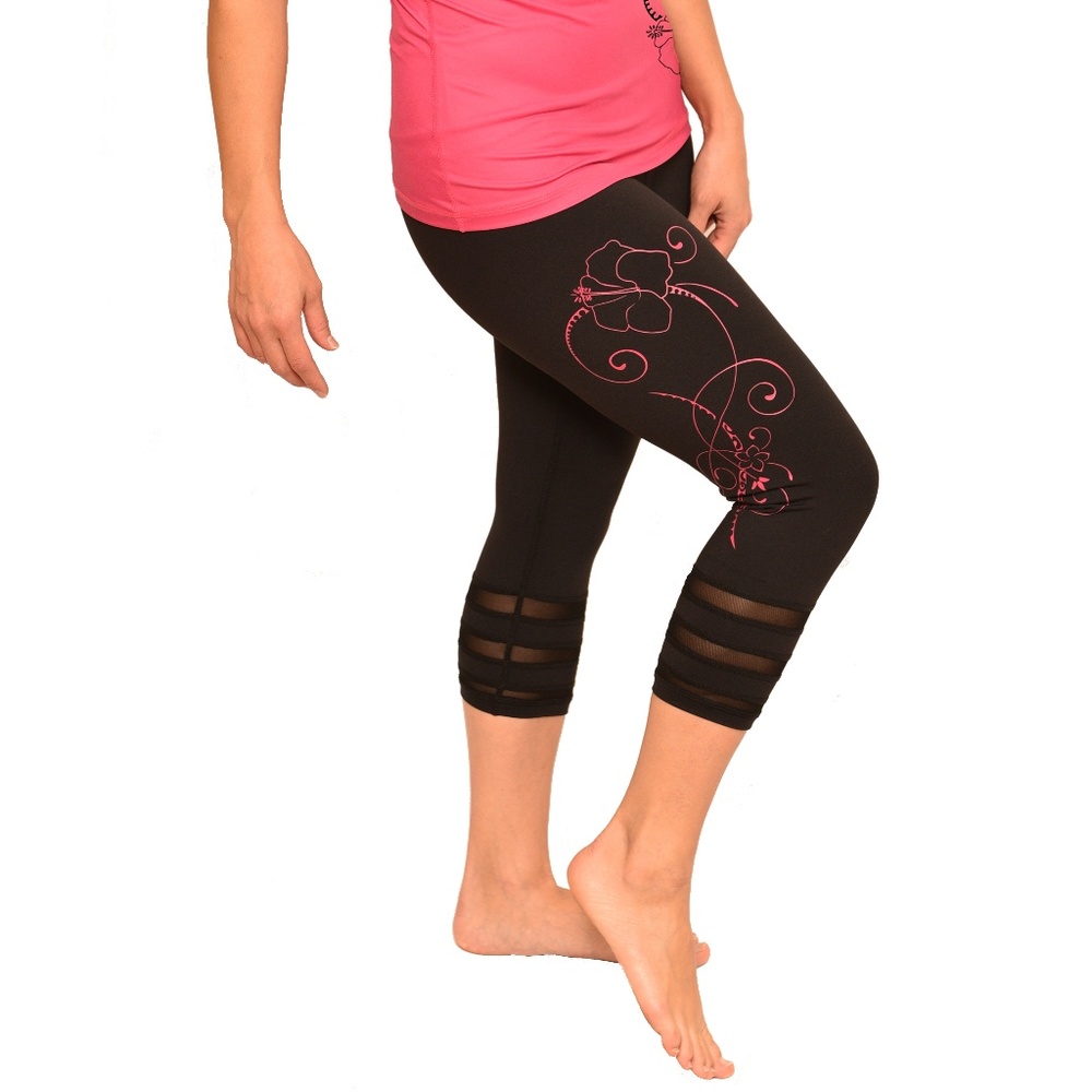 Hawaiian Pink Hibiscus Tattoo Mesh Crop Yoga Pants